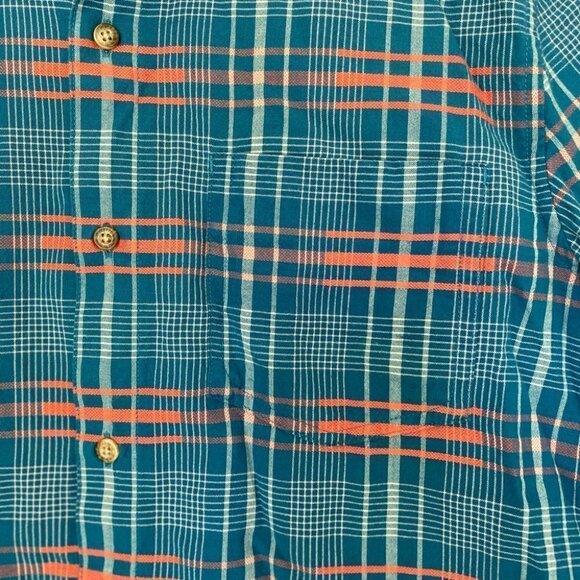 TOAD & Co 100% Organic Cotton Short Sleeve Button Up Plaid Shirt Blue/Orange Med - Picture 6 of 6
